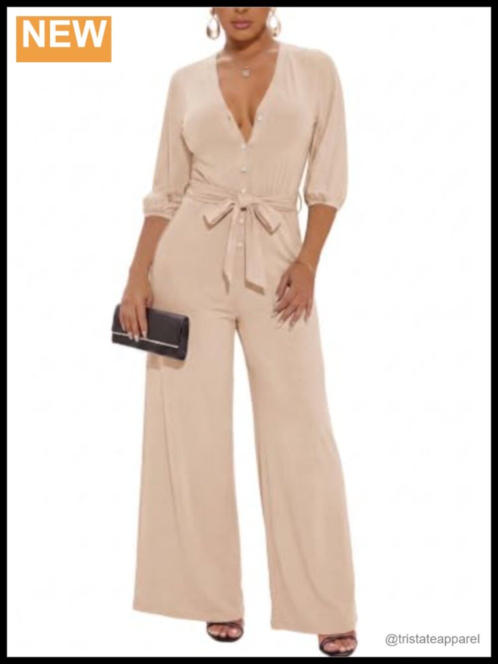 Womens Dressy V Neck Jumpsuit 3/4 Sleeve Wide Leg One Piece Party Outfit